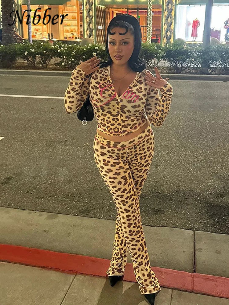 Nibber Leopard Print 2 Piece Set Women's Autumn Tracksuit Athleisure