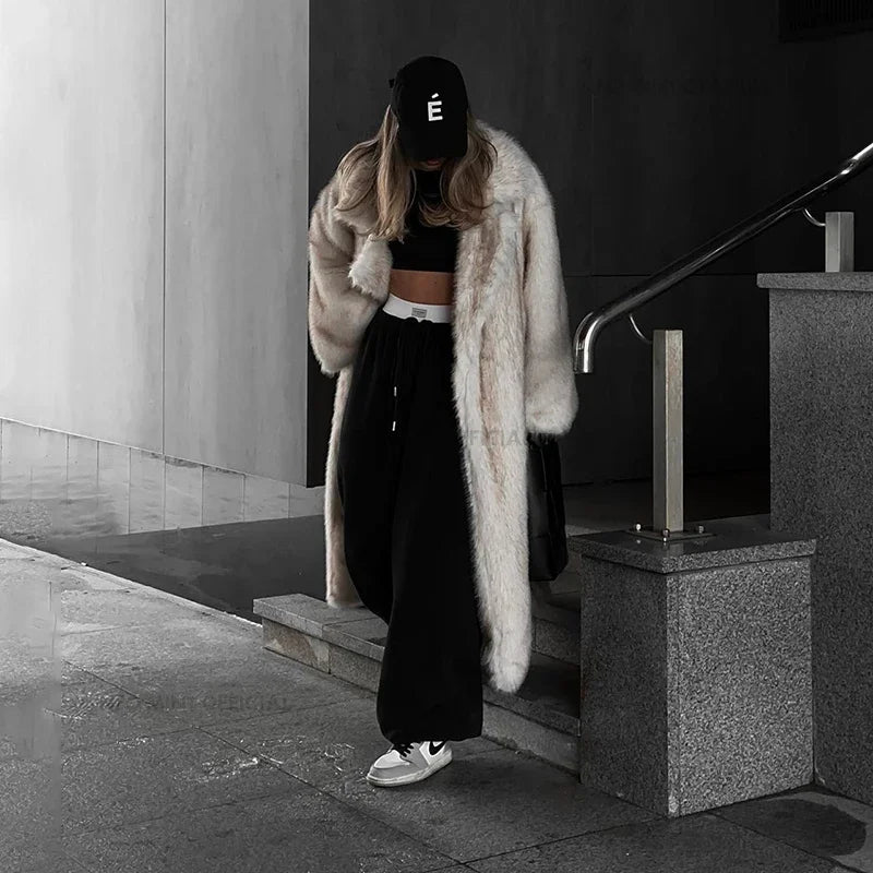 Neo Mint Vintage Luxury Long Faux Fox Fur Coat Women 2024 Winter Warm