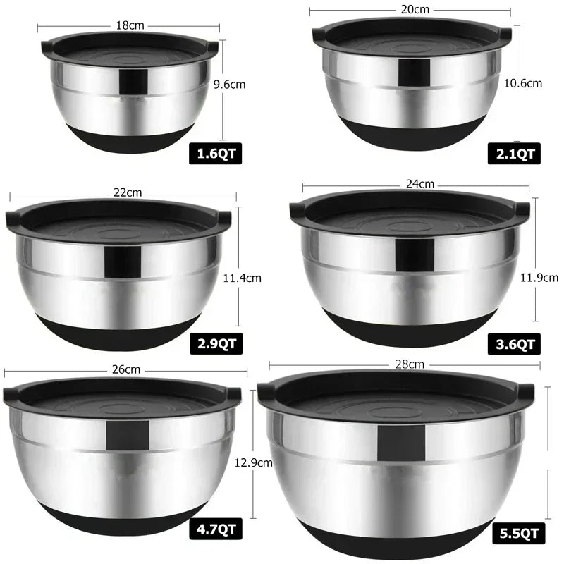 6-piece Set Mixing Bowls with Lids and Non Slip Bases Stainless Steel