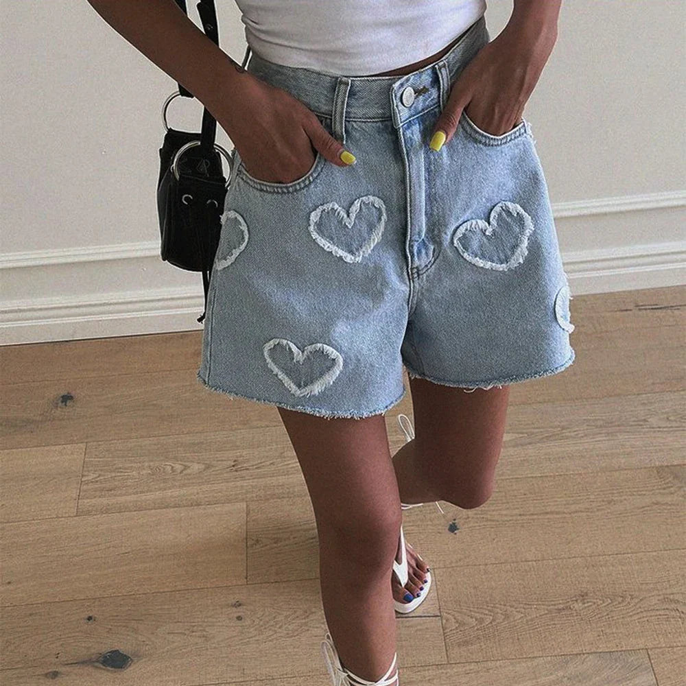 Korean Summer Y2K High Waist Jorts LOVE Heart Shaped Pattern Women's