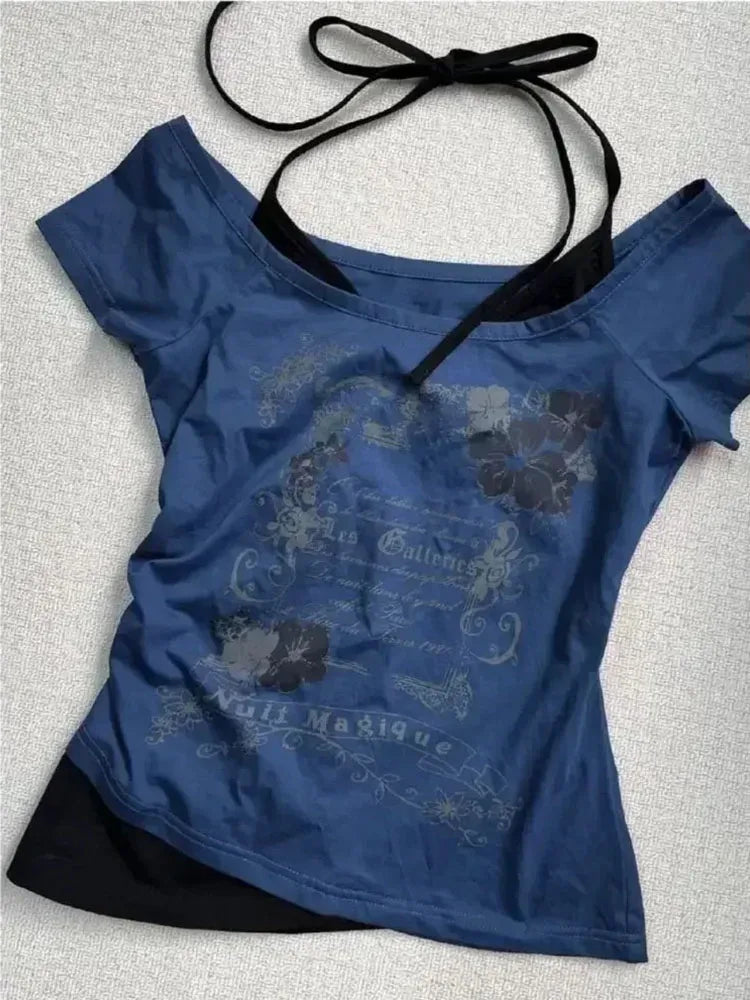 Vintage Fake Two Piece Halter Lace Up T-shirts Y2k Slim Fit Print Tops