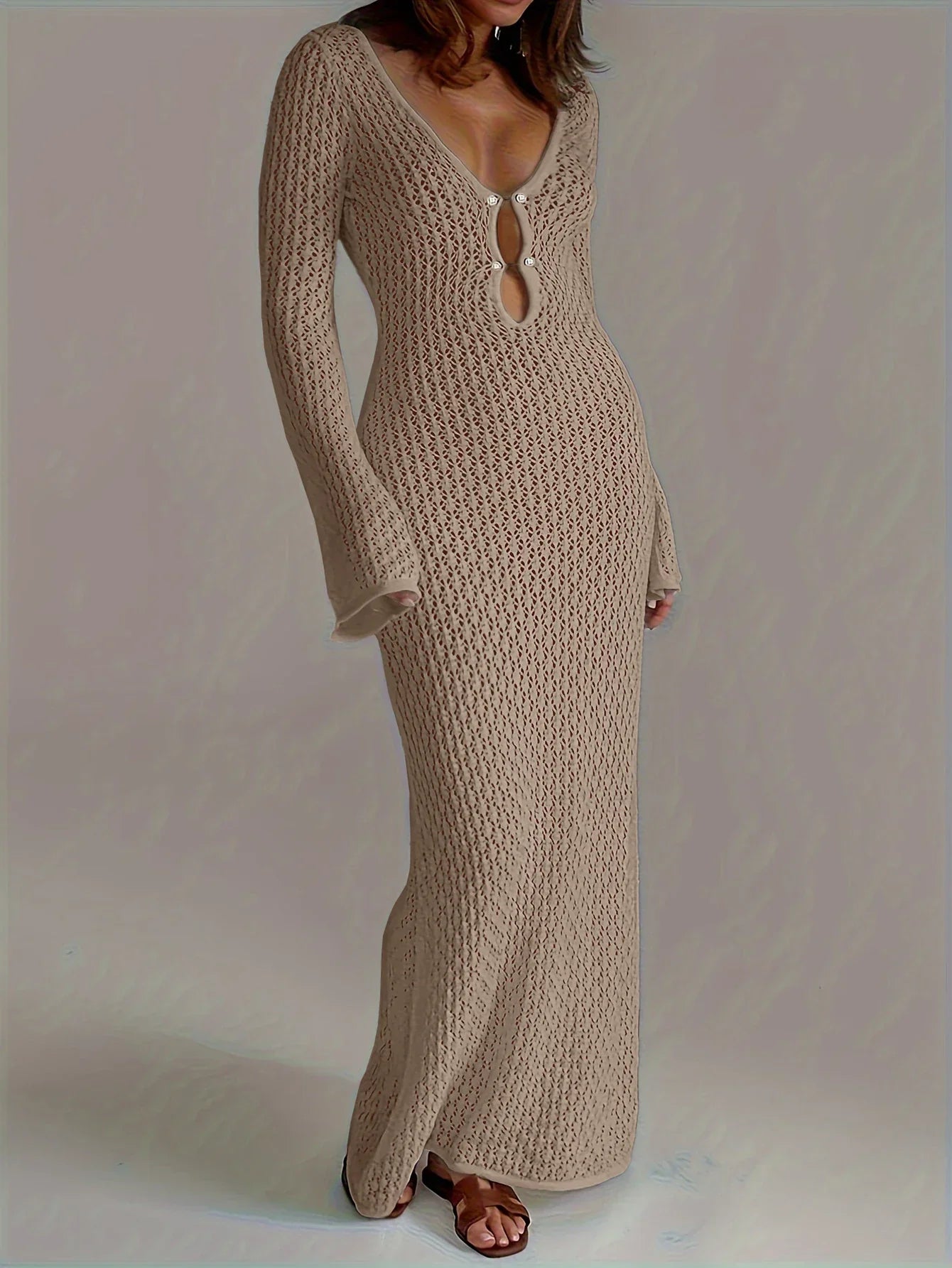 Sexy Women White Long Knit Sleeve Bikin Fashion Cover up Female See-Through Deep V-Neck Hollow-Out Beach Knitwear Backless Dress