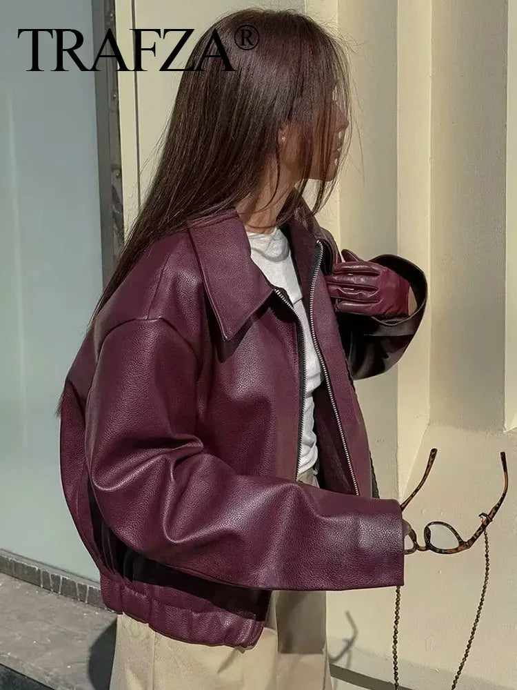TRAFZA Wine Red Faux Leather Jakcet Fashion Outerwear Thicken Zipper