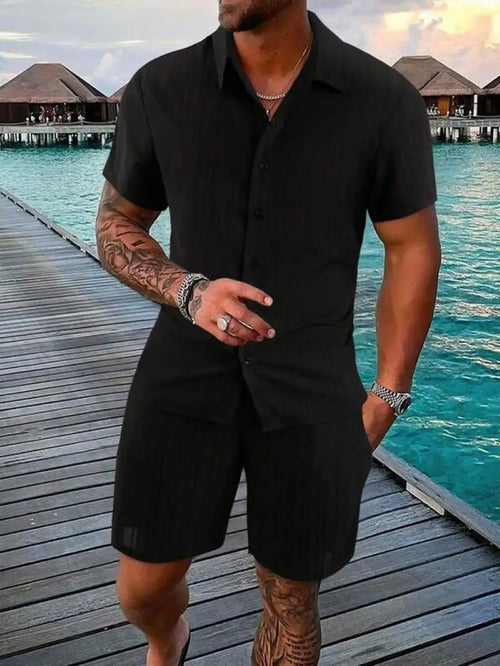 Men's beach suit striped solid color short sleeve shorts shirt Sports