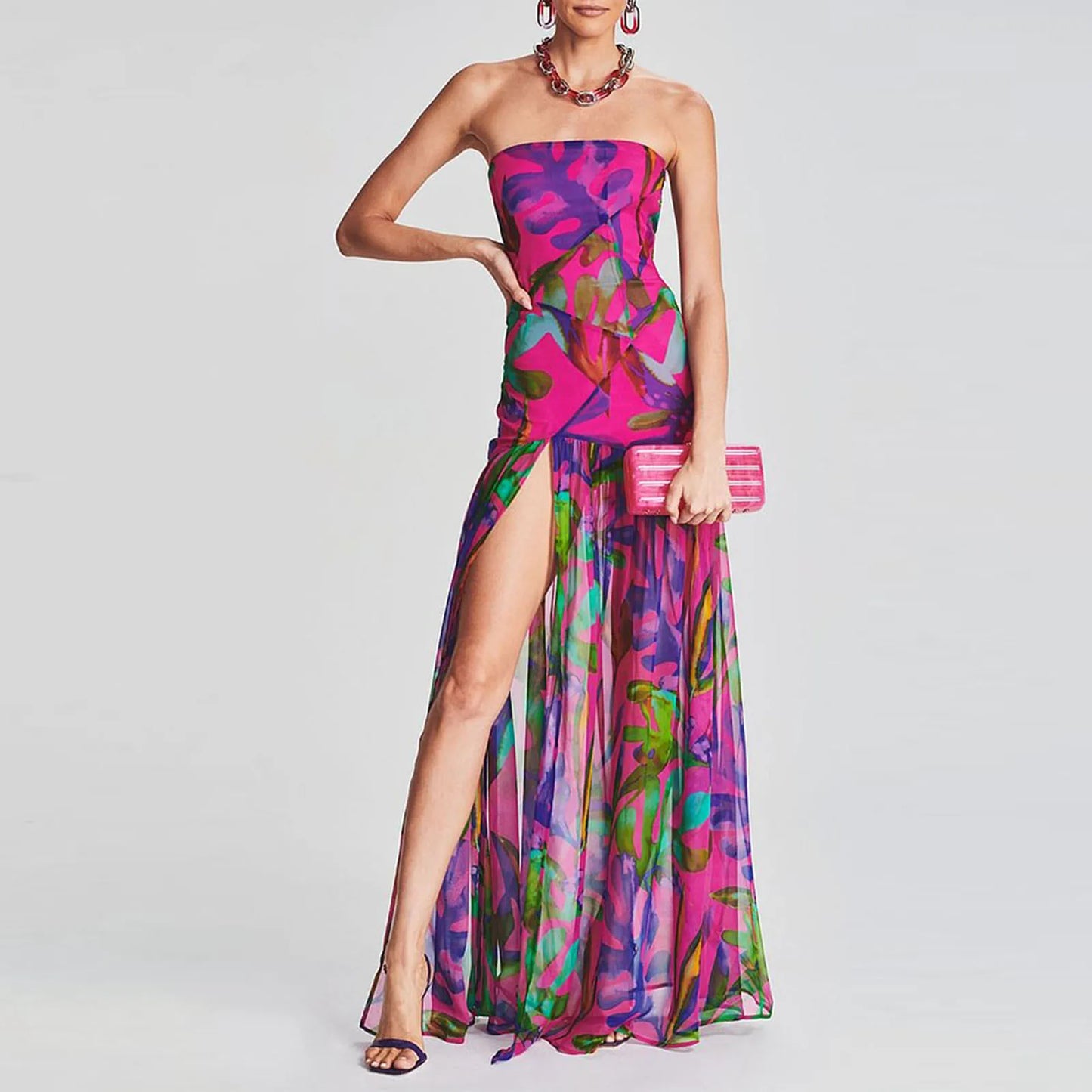 Women’s Tube Top Summer Dress Slim Strapless Backless Mesh Patchwork
