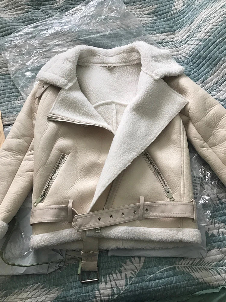 Ailegogo Winter Coats Women Thickness Faux Leather Fur Sheepskin