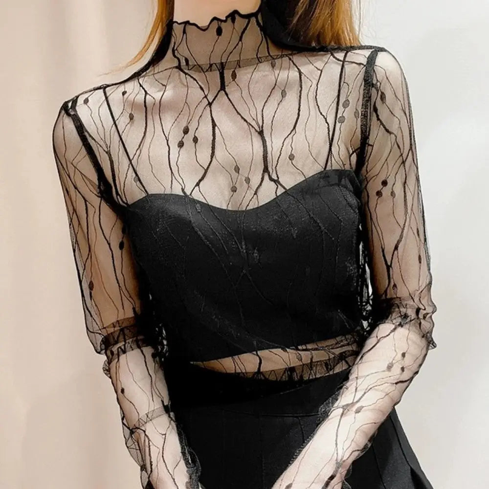 Sexy Black Line T-shirt For Women Mesh See Through Long Sleeve Tees