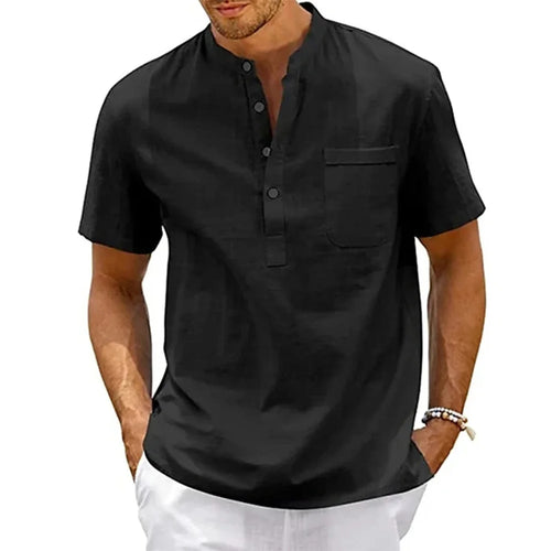 Cotton Linen Shirt Men Henley Neck Pocket Casual Beach Short Sleeve