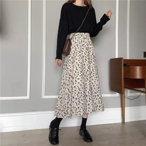 Vintage Floral Print A-line Pleated Long Skirts Summer Women 2023
