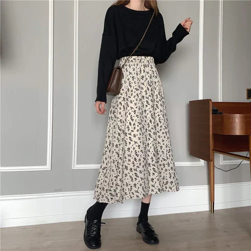 Vintage Floral Print A-line Pleated Long Skirts Summer Women 2024