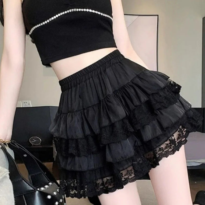 Elastic Gothic Lace Tutu Skirt Women Black Mesh Detail Petticoat Sexy