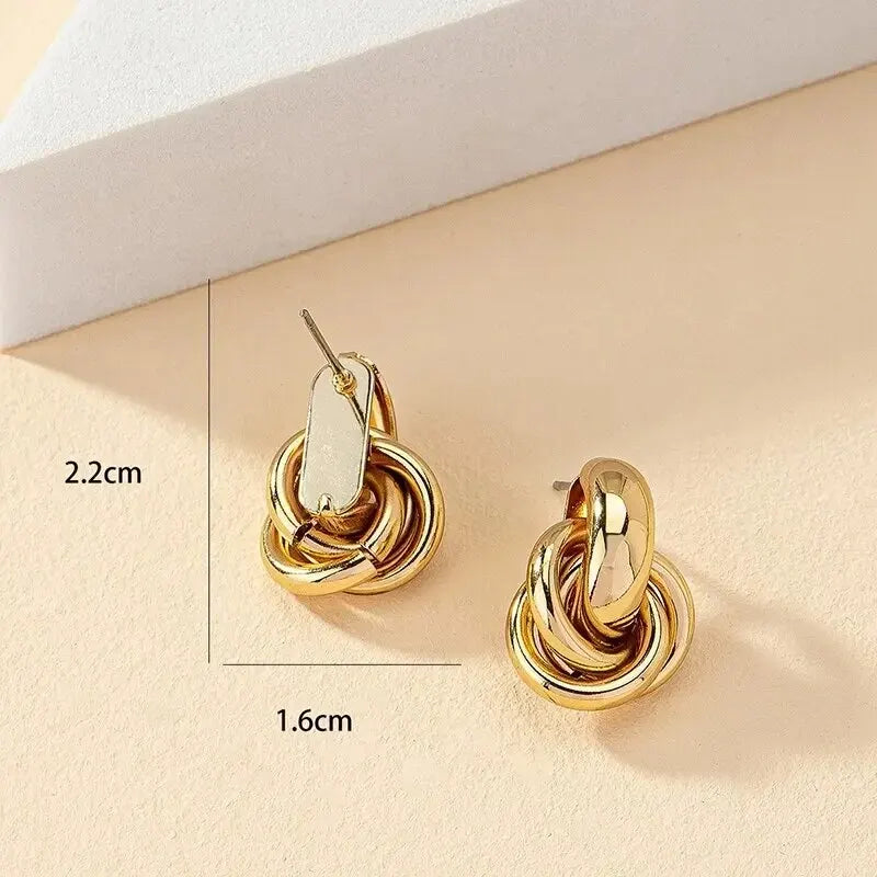 Fashion Round Double Ring Metal Stud Earrings For Women Men Gold
