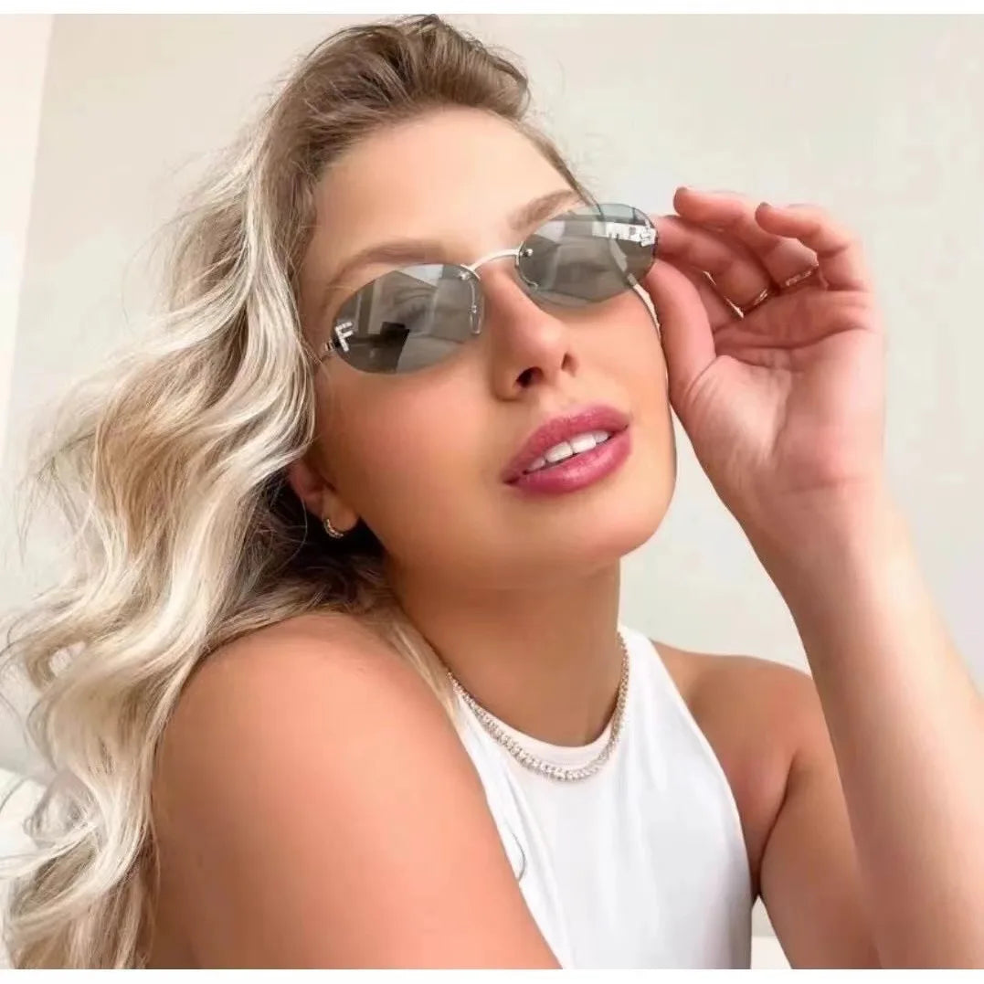 Elegant Diamond Oval Sunglasses Male Letter "F" Rimless Sunglasses