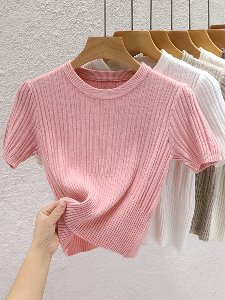 2024 Summer T shirts for Women Casual Female Korean Knit Streetwear
