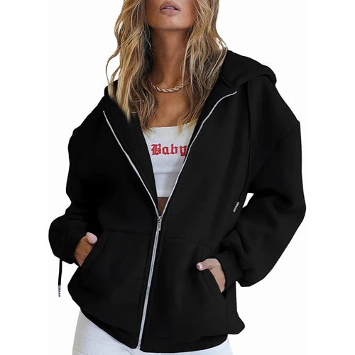 Fashion Gray Zip Up Sweatshirt Women Autumn Winter Jacket Clothes
