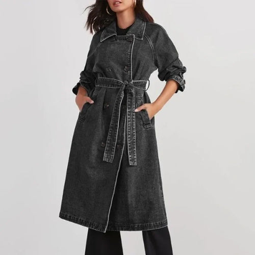 Spring Autumn Women Denim Trench Belt On Waist Jean Coats