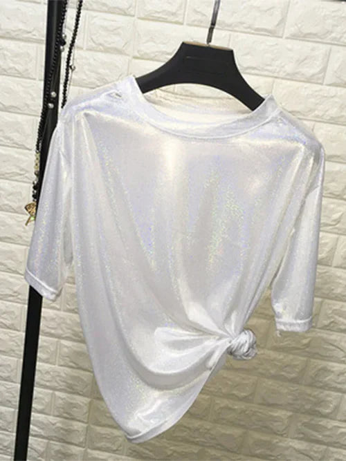 summer woman tops shiny loose short sleeve t-shirt sexy club aesthetic