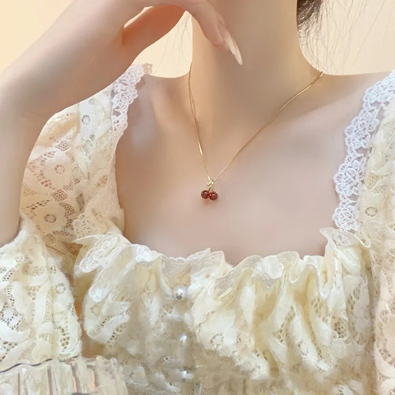Little Wine Red Cherry Pendant Necklaces For Women Fashion Personality