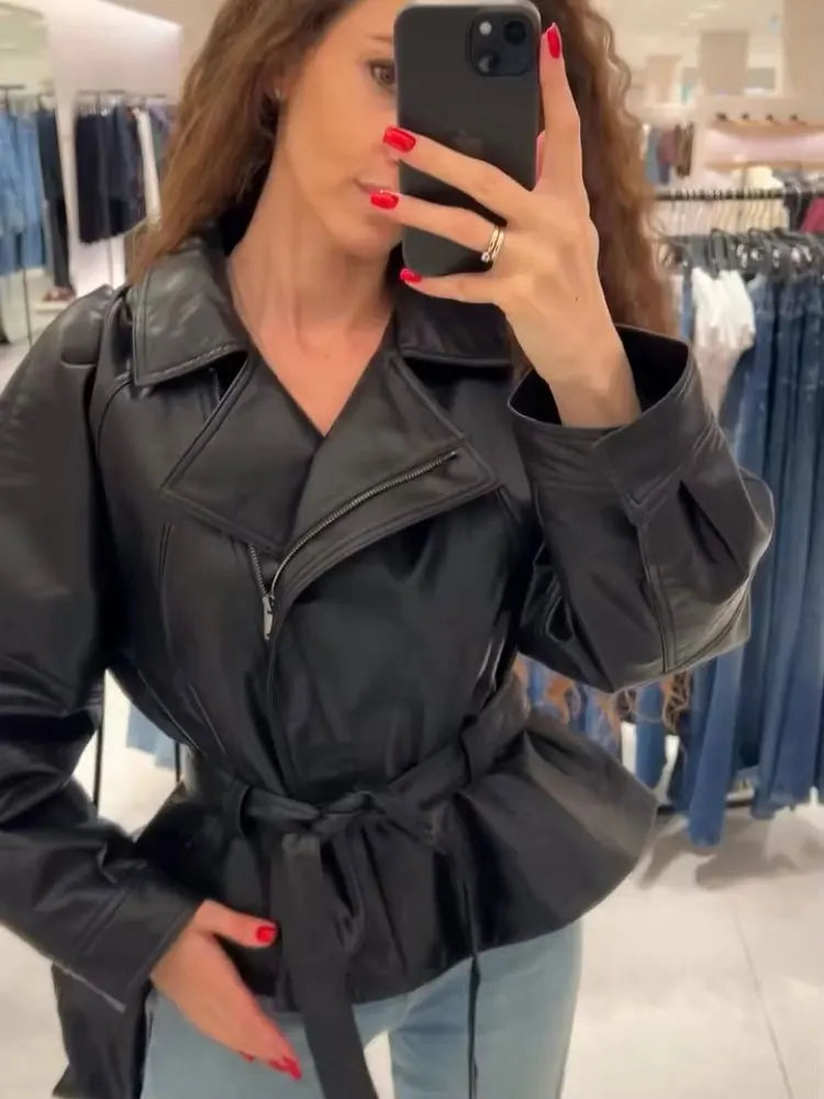 HH Women Vintage Motorcycle Jacket With Belt Faux Leather Trench Coat Long Sleeve Lapel Zipper Jacket Autumn High Street Outwear