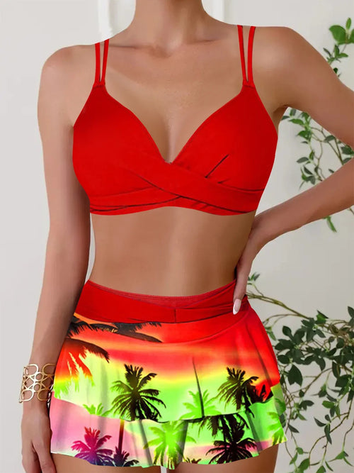 Women's Hanging Neck Straps Sunset Coconut Print Two Piece Swimsuit