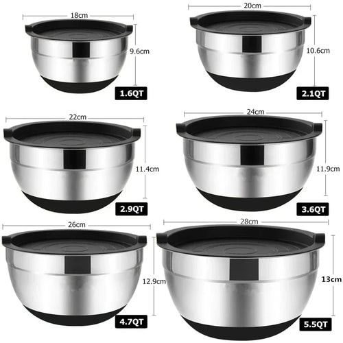 6-piece Set Mixing Bowls with Lids and Non Slip Bases Stainless Steel