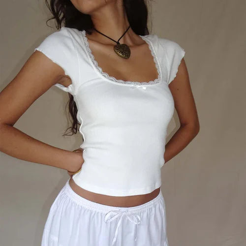 y2k Vintage Baby Tee Cottage Lace Trim Knitted T-Shirt Summer Square