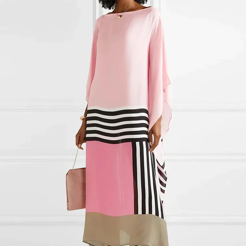Candy Stripe Print Patchwork Kaftan Dresses Women’s Spring Round Neck