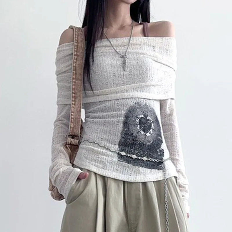 Rockmore Chic Retro One-Shoulder Printed Top Slim Thin Long Sleeve