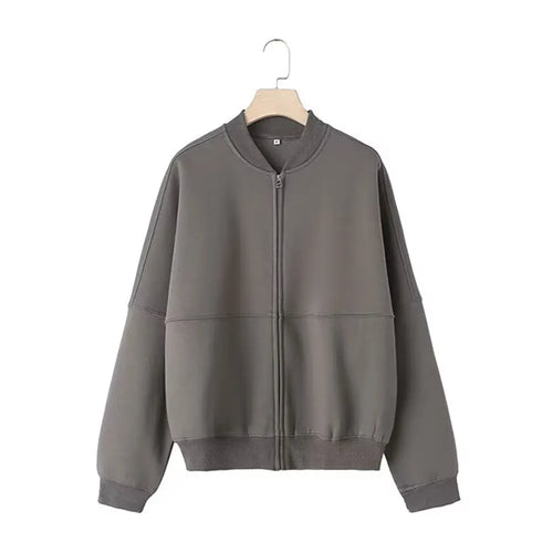 TRAFZA Women's 2-piece Retro Solid Color Zipper Bomber Jacket