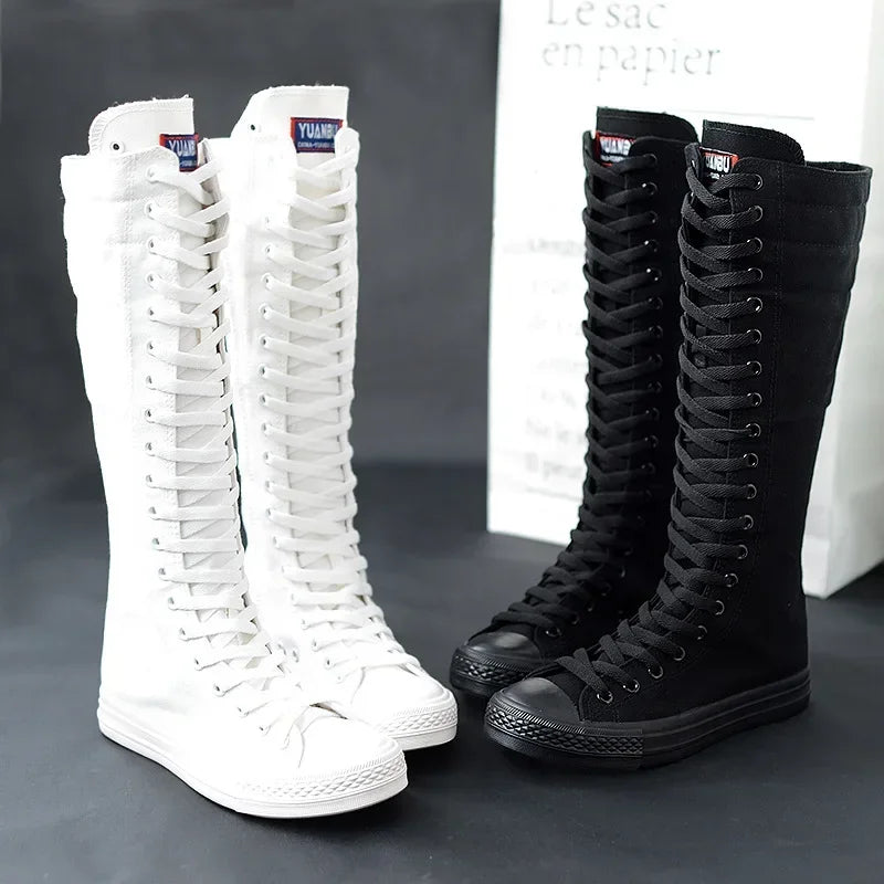 Canvas Long Boots for Women High Top Women Canvas Shoes Lace Up Knee