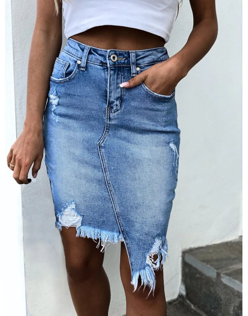 2022 Summer New Ripped Irregular Denim Skirts For Women Fashion Street