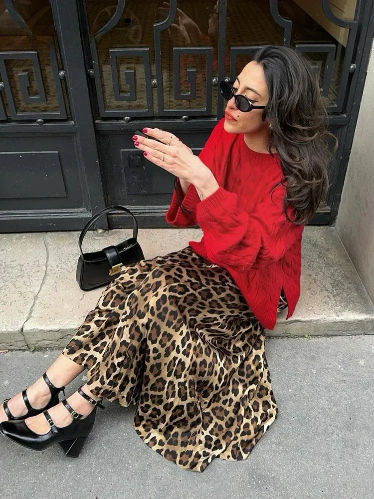 ASDS 2024 Vintage Women's Leopard Print Satin Skirt Female Summer High