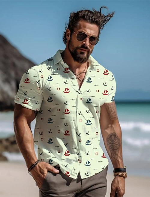 Sailboat Men's Resort Hawaiian 3D Printed Shirt Button Up Short Sleeve