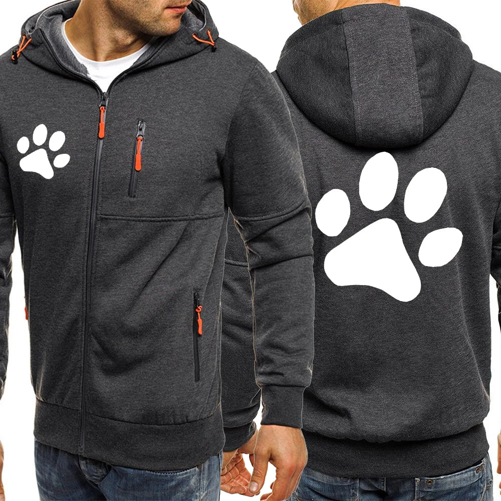 Kawaii Cartoon Dog Paw Print Zipper Hoodie For Men Fashion Oversized