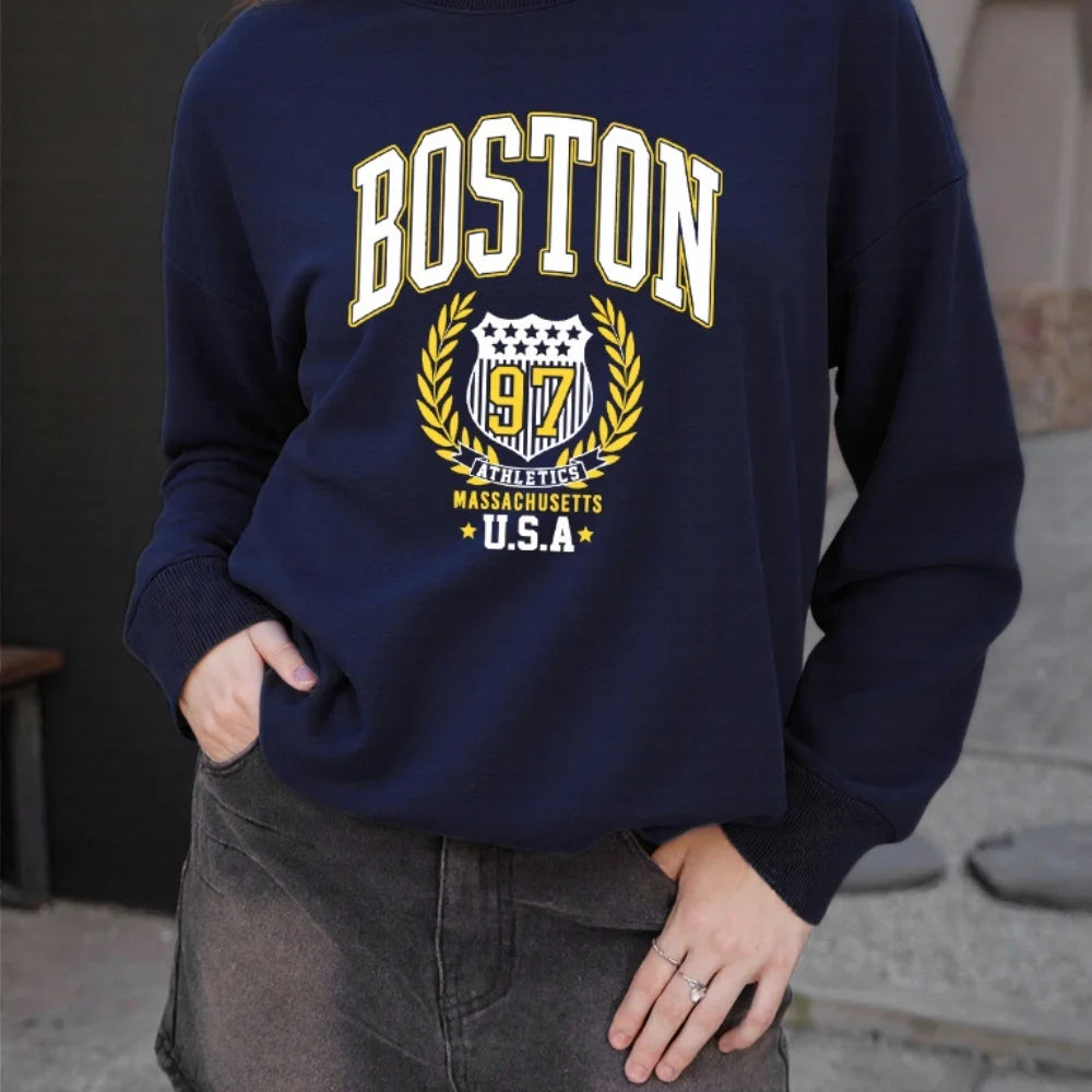 Boston USA Creative Letter Printed Woman Streetwear Hip Hop Street Clothes Autumn Sports Sweatshirt Breathable Fleece Tops
