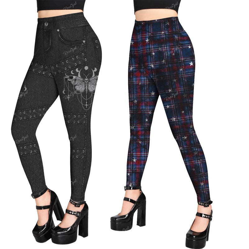 ROSEGAL Plus Size Gothic Leggings 3D Butterfly Jean Lace-up Printed