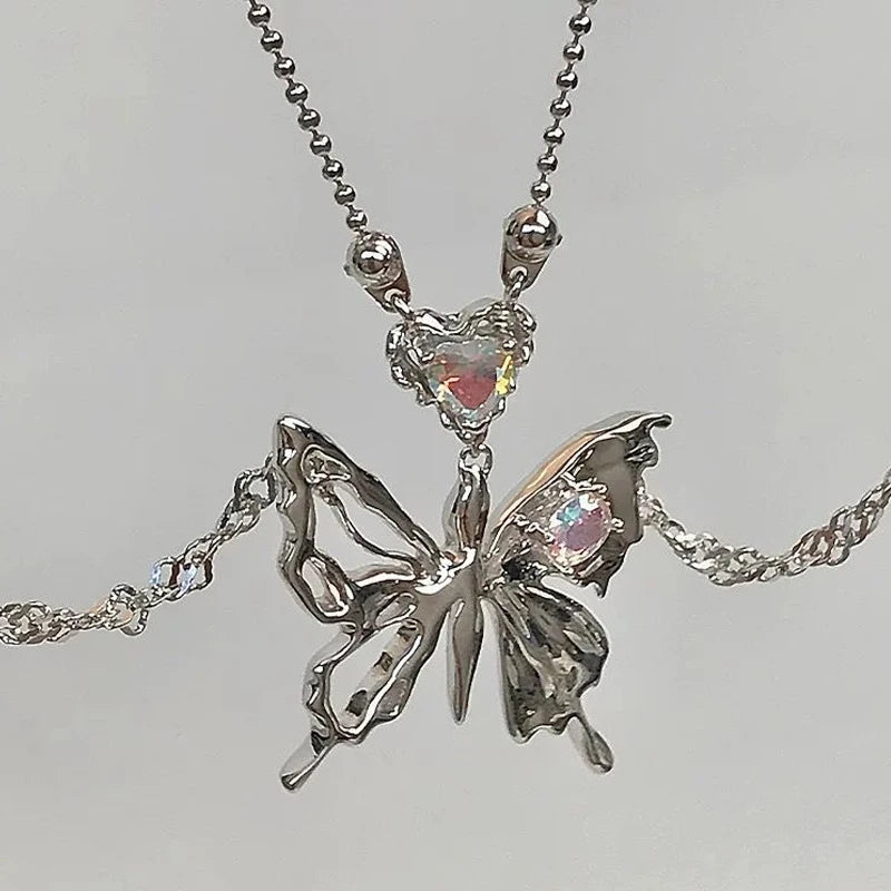Punk Butterfly Pendant Necklace Women Y2K Crystal Light Luxury Egirl