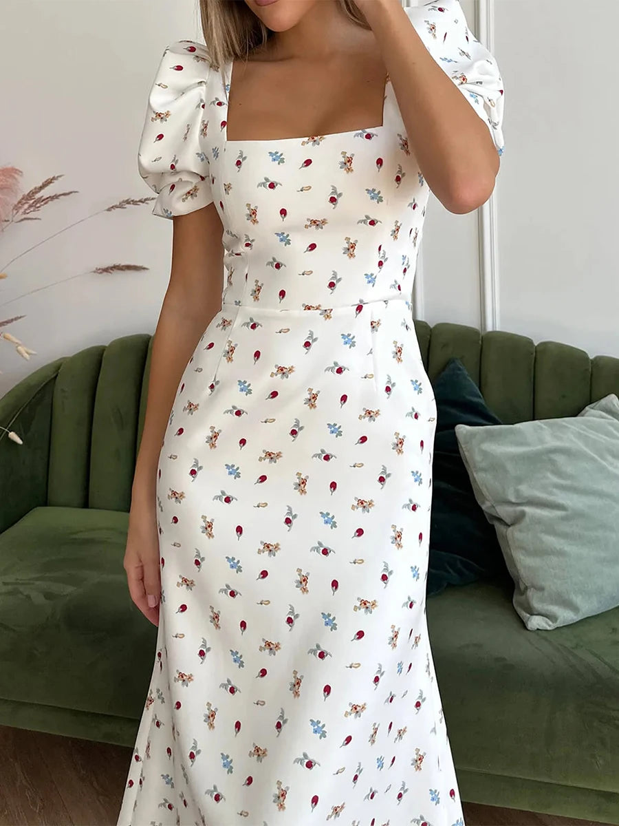 New Fashion Womens Summer Midi Dress Casual Short Puff Sleeve Floral
