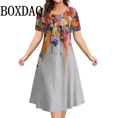 2025 New Women‘s Dresses 3D Flowers Pattern Print Short Sleeve Loose