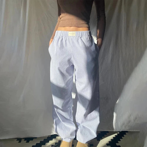New Trendy Striped Print Long Pant Women Elastic Waist Drawstring Wide