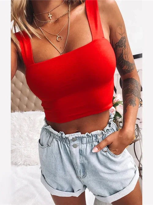 Square Neck Sleeveless Summer Crop Top White Women Black Casual Basic