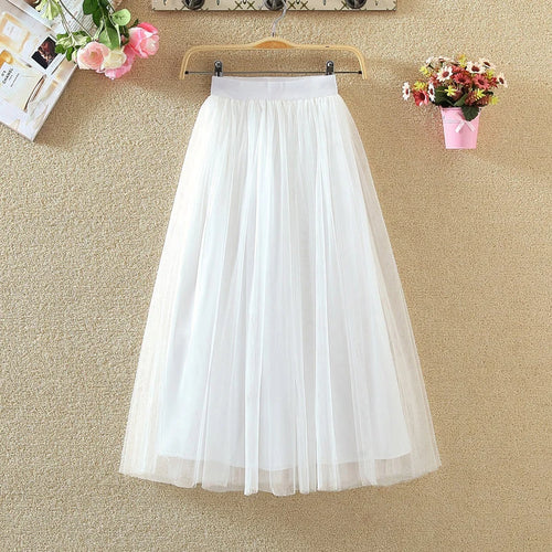 Vintage Tulle Skirt Women Streetwear Elastic High Waist Mesh Pleated