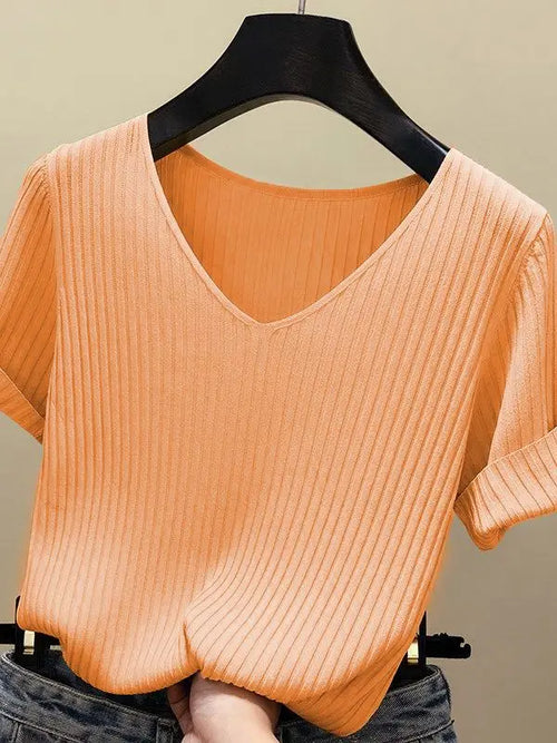 Knitted short sleeve Women V-Neck T Shirts 2024 Blue Slim Black thin
