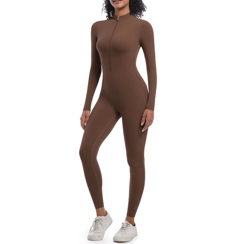 S-XL 2025 Nylon Zipper Long Sleeve Yoga Set Women One Piece Jumpsuit