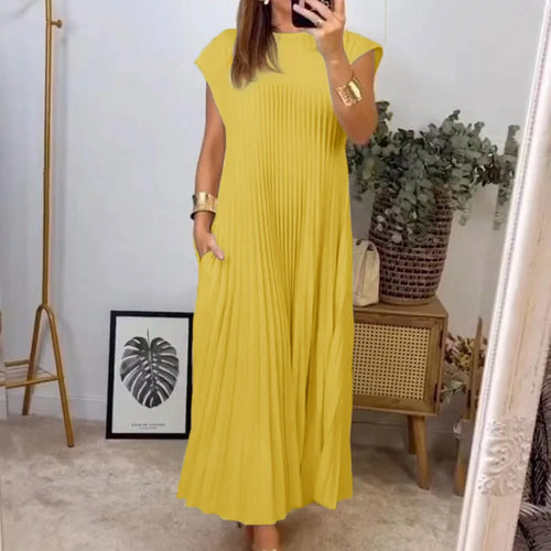 Spring And Summer New Fashionable Women's Round Neck Pleated Maxi