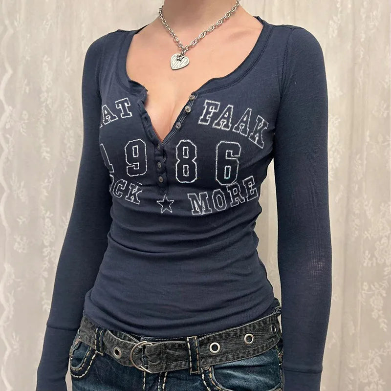 Letter Print Black Tees Women Autumn Streetwear Long Sleeves O-Neck
