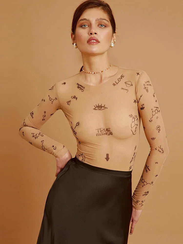 Sexy tight-fitting one-piece Top Women Long-Sleeved Bodysuits O-Neck