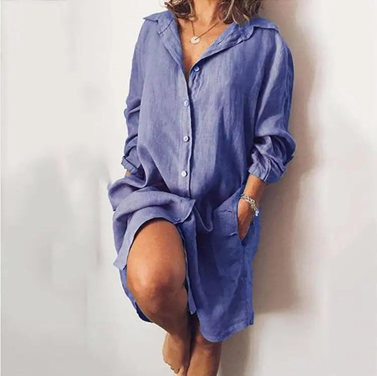 Linen And Cotton Women's T-shirt And Dress, Casual Long Sleeved