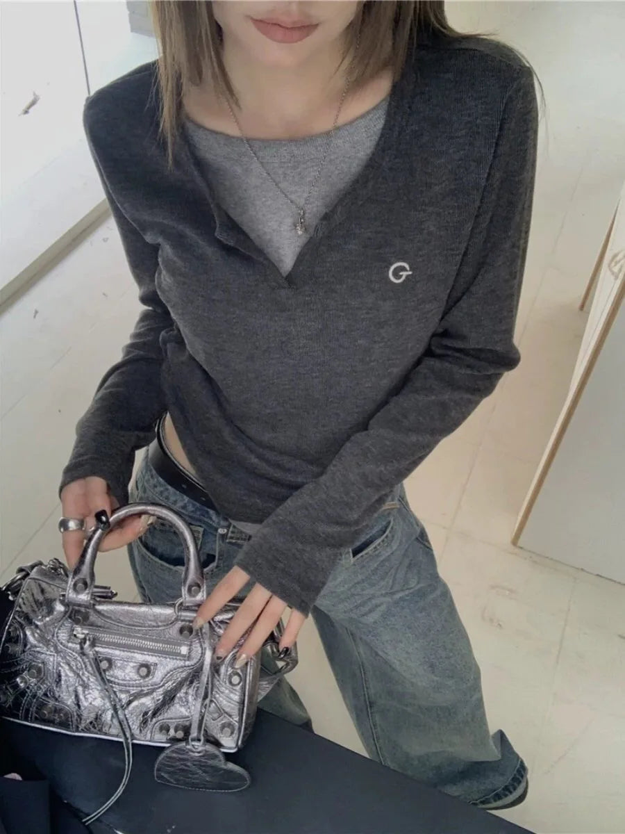 2024 Autumn Winter Long Sleeves Korean Fashion Style O-neck Tshirt For