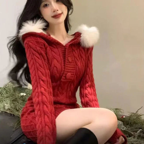 Autumn Winter Elegant Women Sweater Christmas Red Slim Fur Patchwork